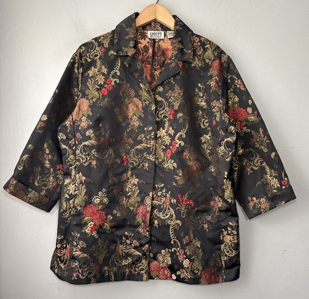 Chicos Design Brocade Jacket Womens 2 Size Large Asian Floral Black Red Satin